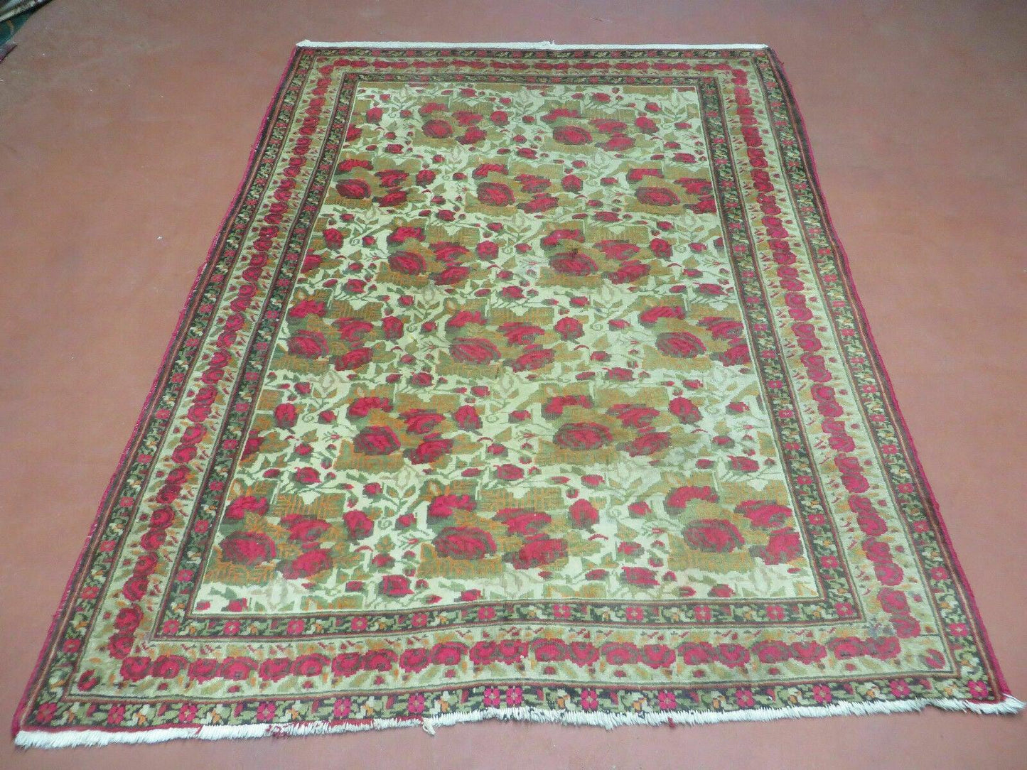 Antique Handmade India Floral Wool Rug 5x6 Roses And Traditional Oriental Design