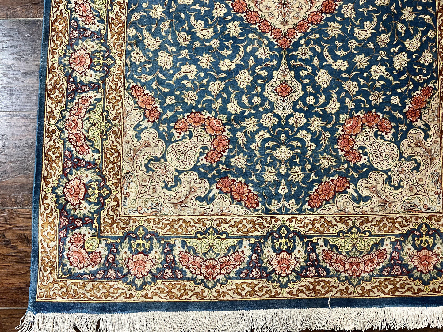 Magnificent Persian Qum Silk Rug 3x5, Blue, Super Fine 675 KPSI - 70 Raj, Floral Roses, Handmade Vintage Silk Carpet, Masterpiece