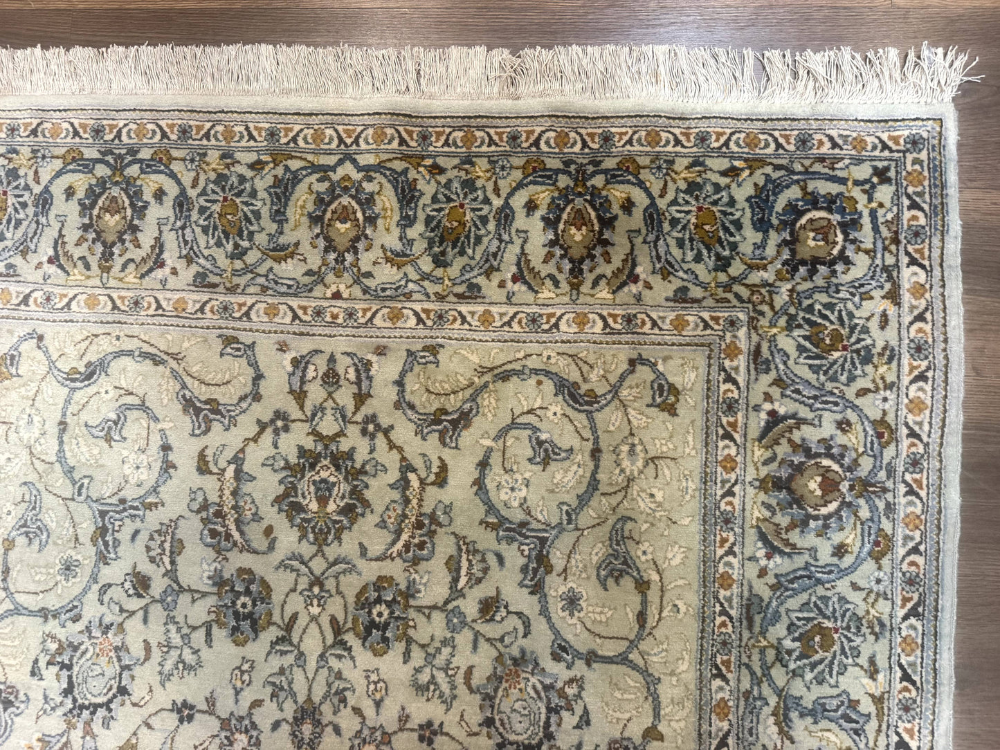 Persian Kashan Rug Vintage 225 KPSI Light Green And Light Blue Floral Medallionless Design