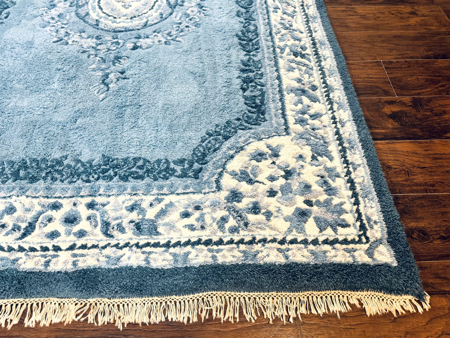 Indo Chinese Aubusson Rug 6x9 Handmade Vintage Wool Carpet Light Blue And Ivory