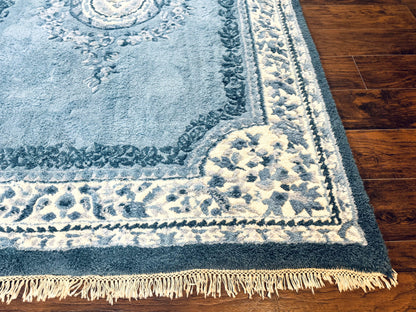 Indo Chinese Aubusson Rug 6x9 Handmade Vintage Wool Carpet Light Blue And Ivory