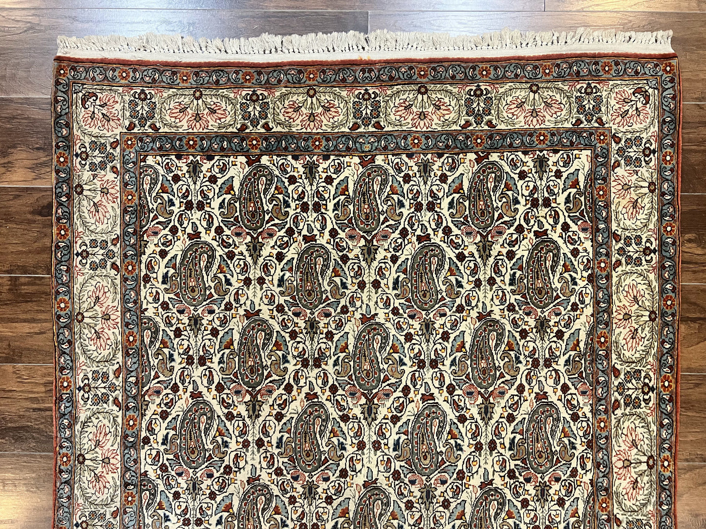 Persian Qum Rug 5x6 Cream Wool Hand Knotted Carpet With Repeated Boteh Paisley Design Semi Antique Vintage