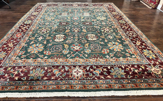 Hand Knotted Wool Indo Persian Rug 9x12 Vintage Floral Green And Maroon