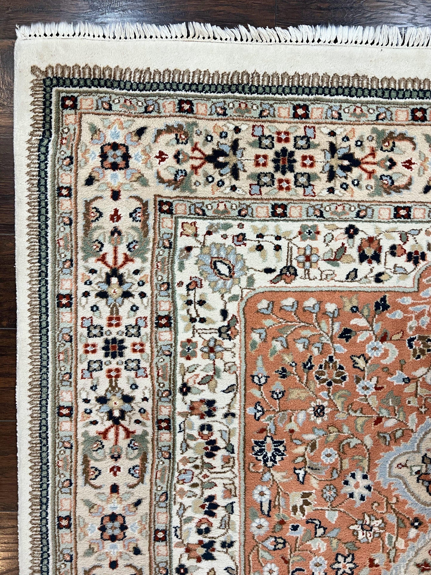 Indo Persian Rug 6x9, Wool Hand Knotted Vintage Carpet, Salmon & Ivory, Traditional Oriental Rug 6 x 9