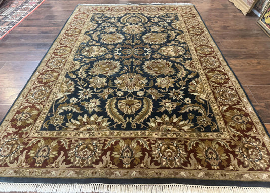 Indian Agra Rug 6x9, Floral, Traditional Rug, Dark Green Maroon Tan