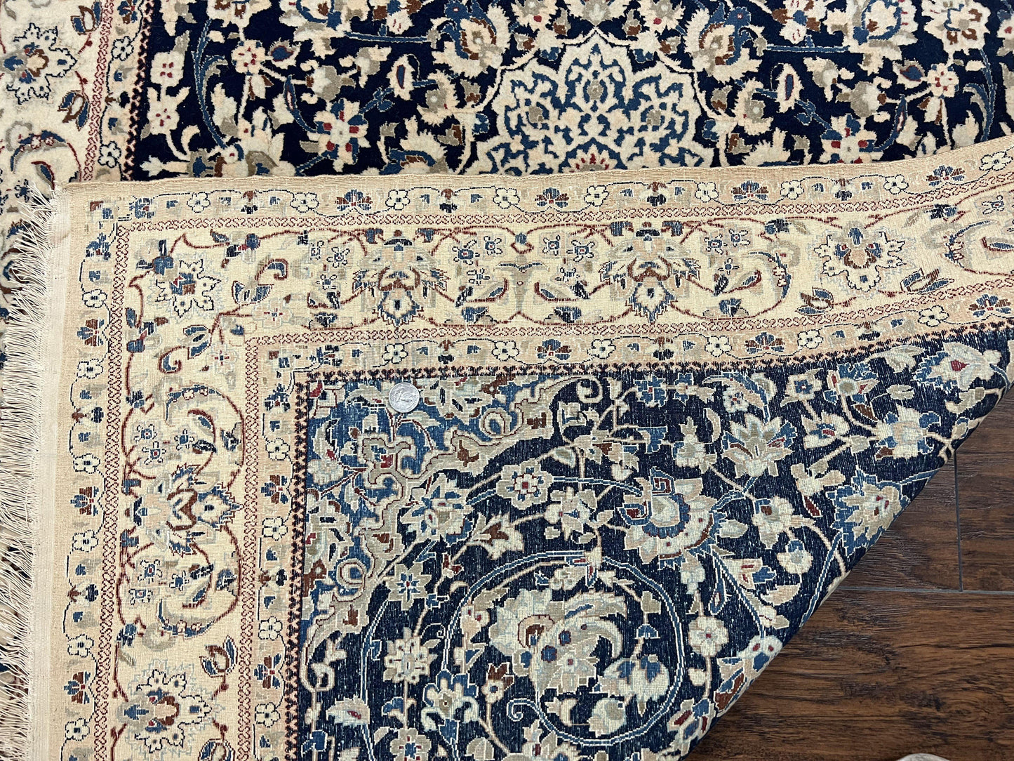 Persian Nain Rug Hand Knotted Wool and Silk Accents With Floral Medallion Navy Blue Ivory Cream