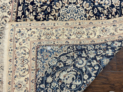 Persian Nain Rug Hand Knotted Wool and Silk Accents With Floral Medallion Navy Blue Ivory Cream