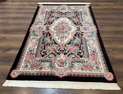 Aubusson Rug 4x6 Hand Knotted Wool Elegant European Floral Design Black Ivory Area Rug