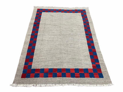 Geometric Kilim Rug Handmade Wool Hand Knotted Gray Blue Red Checkerboard