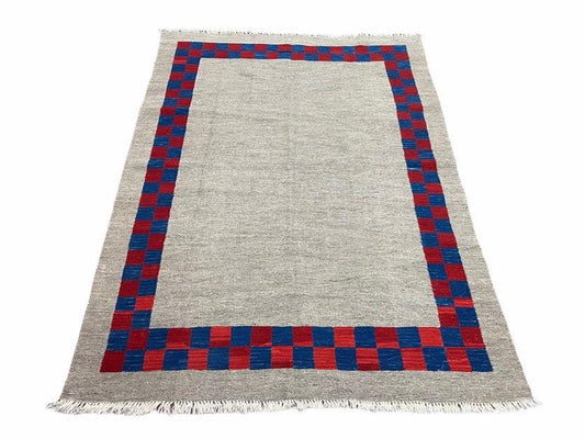Geometric Kilim Rug Handmade Wool Hand Knotted Gray Blue Red Checkerboard