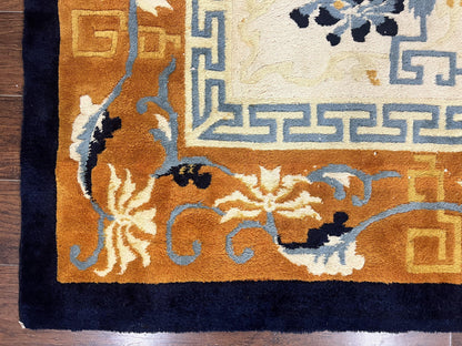 Indo Chinese Rug 9x12, Asian Oriental Carpet 9 x 12, Cream & Burnt Orange, Handmade Wool Vintage Art Deco Rug