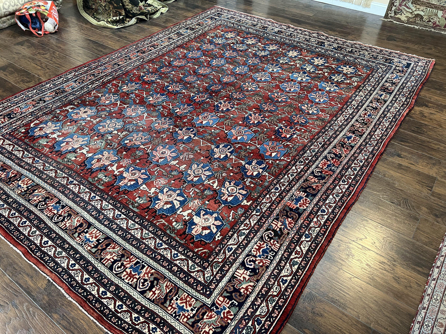 Antique Persian Bijar Rug 9x12 Allover Motif Red Blue Wool Handmade