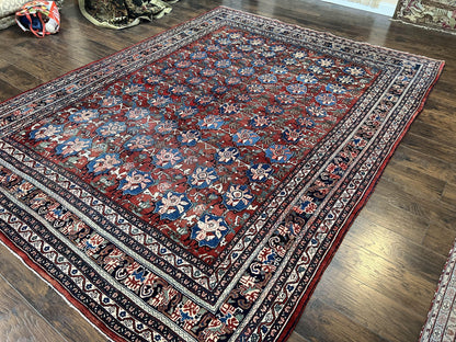 Antique Persian Bijar Rug 9x12 Allover Motif Red Blue Wool Handmade