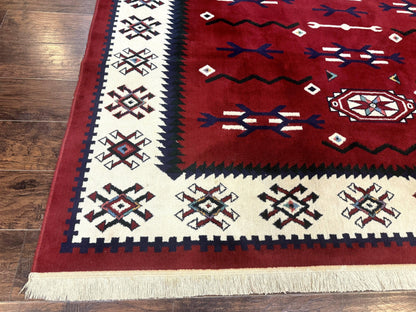 Power Loomed Navajo Area Rug 8x11 Dark Red Ivory Bohemian Tribal Design
