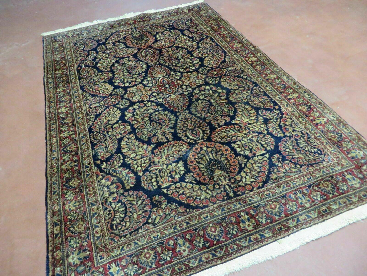Antique Persian Sarouk Rug 4x6 Hand Knotted Wool Floral Oriental Carpet Navy And Red