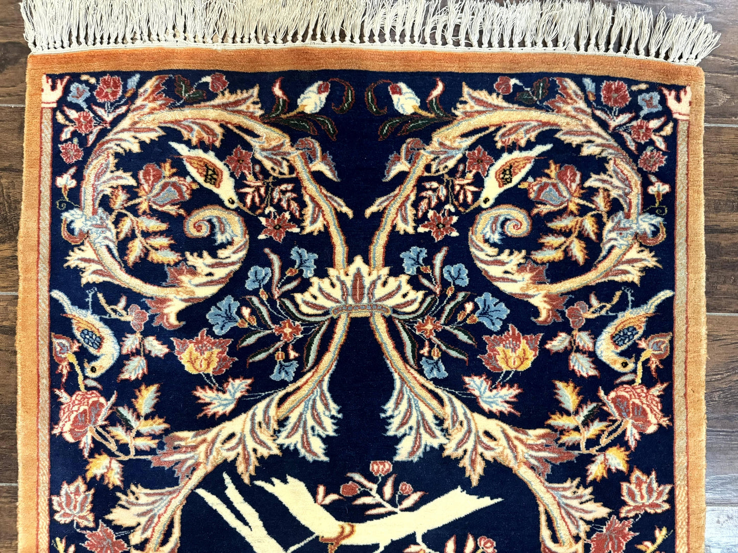 Persian Isfahan Rug 2x4, Birds, Navy Blue, Kork Wool on Silk Foundation, 460 KPSI