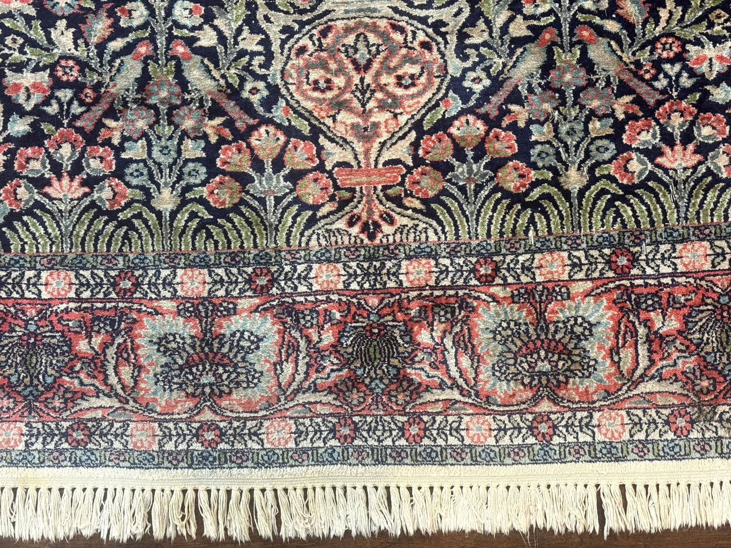 Kashmiri Silk Rug 4x6 Tree Of Life Birds Handmade Navy Red Oriental Carpet