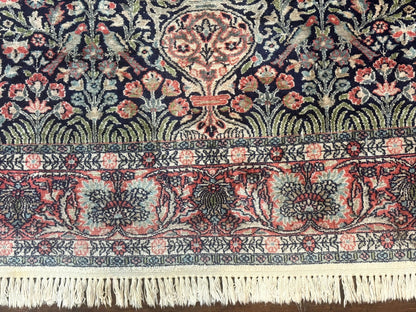 Kashmiri Silk Rug 4x6 Tree Of Life Birds Handmade Navy Red Oriental Carpet