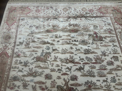 Turkish Silk Rug 8x10 Ivory Hunting Scene Bamboo Silk Contemporary