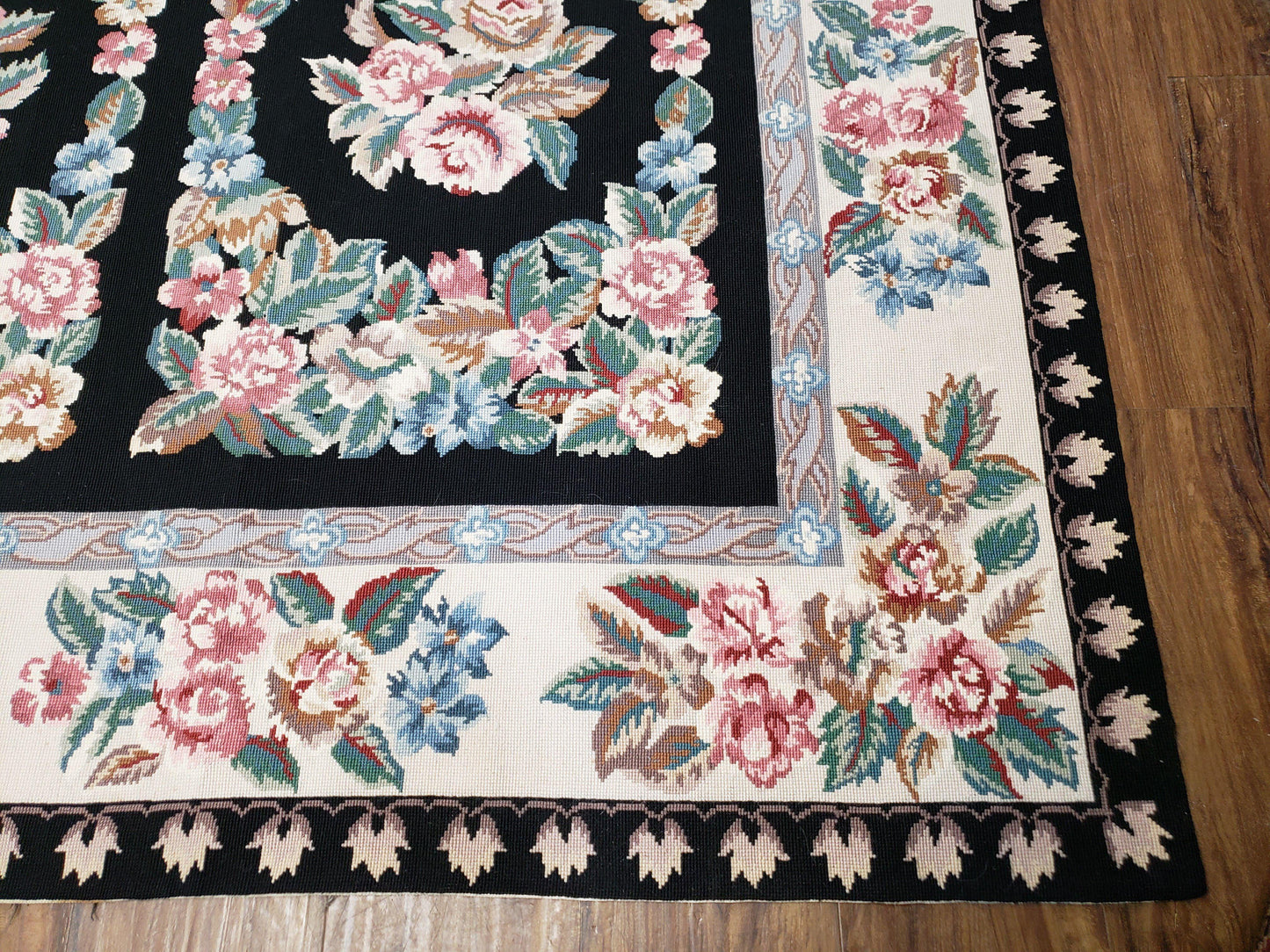 Floral Needlepoint Rug 9.5 x 13.6, Floral Panel Design, Black and Ivory Flatweave Aubusson Carpet, Multicolor