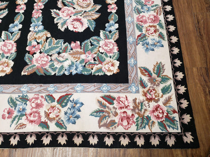 Floral Needlepoint Rug 9.5 x 13.6, Floral Panel Design, Black and Ivory Flatweave Aubusson Carpet, Multicolor