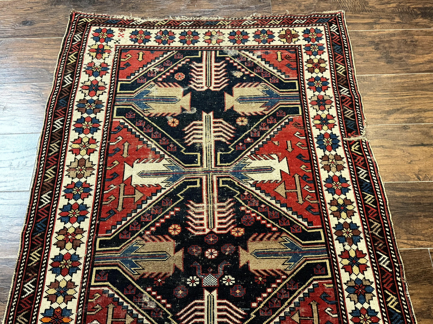 Antique Shirvan Caucasian Rug 3x5 Geometric Wool Hand Knotted Red Navy Beige