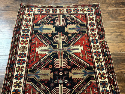 Antique Shirvan Caucasian Rug 3x5 Geometric Wool Hand Knotted Red Navy Beige