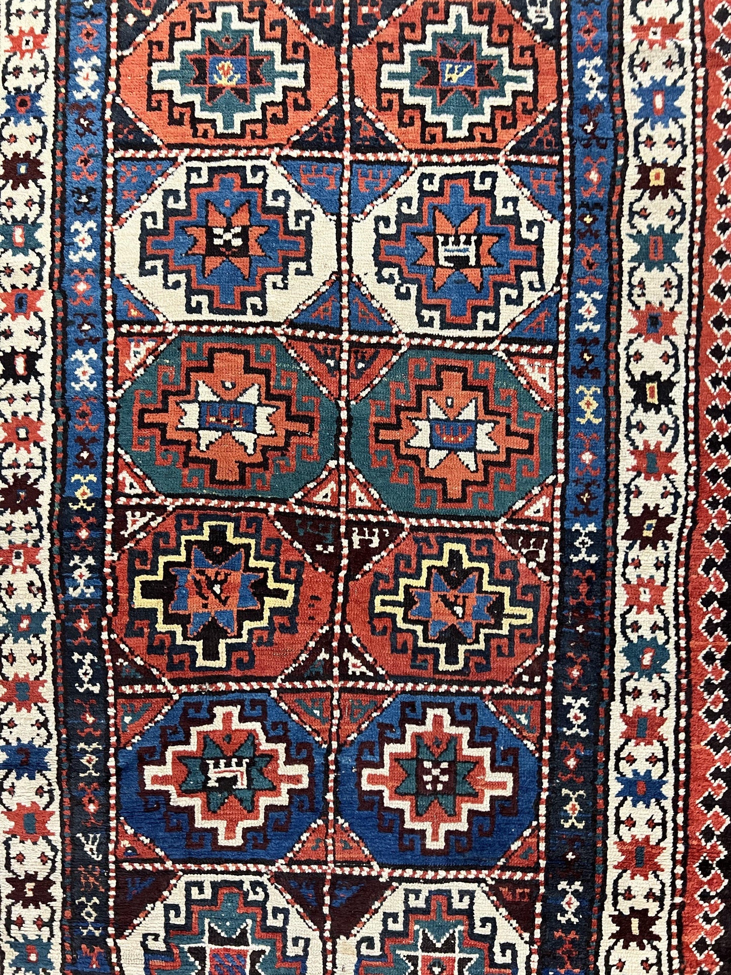 Antique Caucasian Kazak Runner Rug 4 x 9.5, Handmade Wool Rug for Hallway, Rare Colorful Panel Design Mid 19th Century 1870s Oriental Carpet