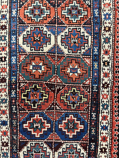 Antique Caucasian Kazak Runner Rug 4 x 9.5, Handmade Wool Rug for Hallway, Rare Colorful Panel Design Mid 19th Century 1870s Oriental Carpet