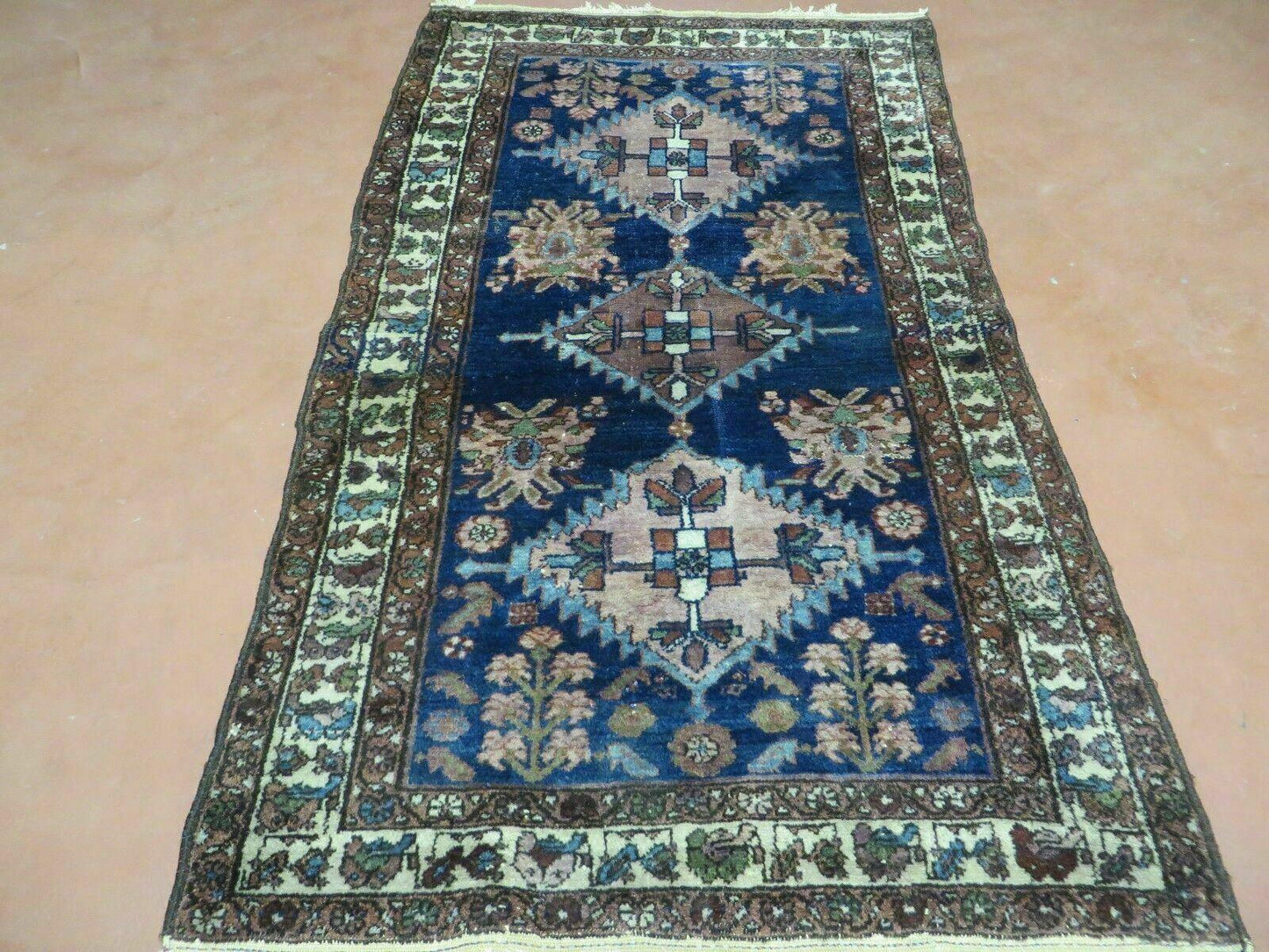 Blue Vintage Persian Hamadan Rug Hand Knotted Wool 4x6 Ft 1950s