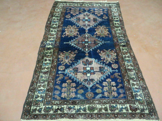 Blue Vintage Persian Hamadan Rug Hand Knotted Wool 4x6 Ft 1950s