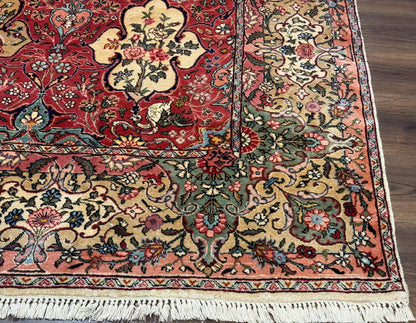 Antique Tabriz Persian Rug 7x10, Red Cream Tan, Unique Design, Fine 270 KPSI, Birds, Floral