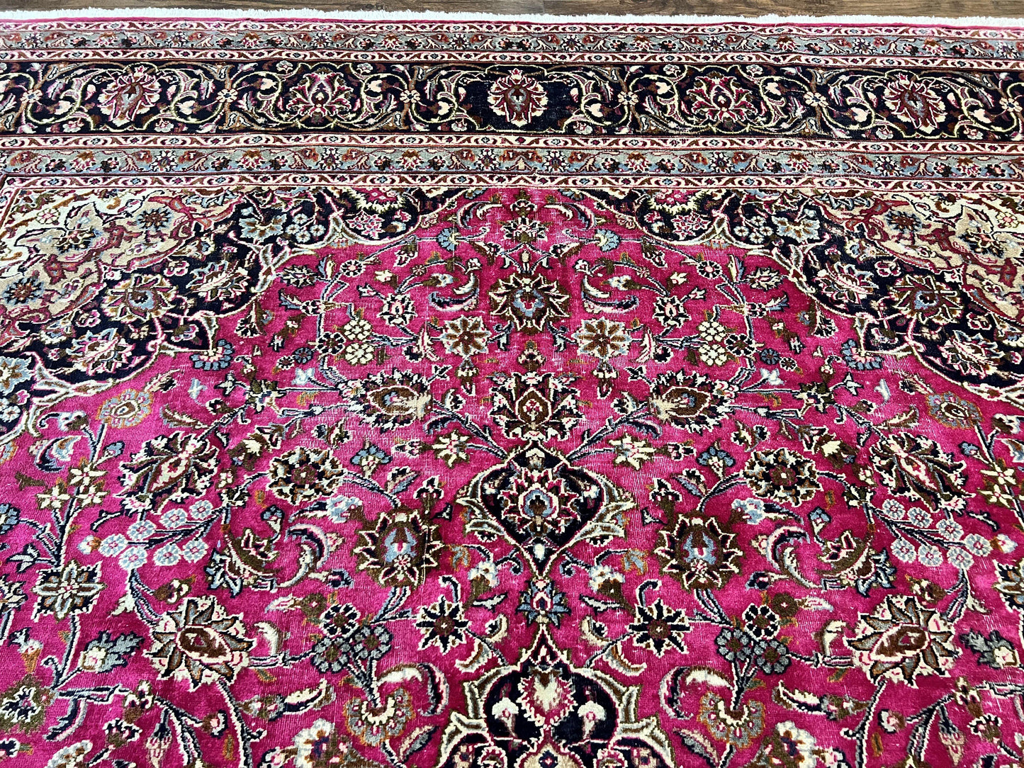 Persian Rug 10x13 Hand Knotted Wool Kashmar Carpet With Floral Medallion In Raspberry Red And Navy Blue