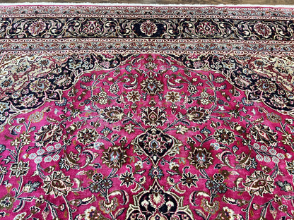 Persian Rug 10x13 Hand Knotted Wool Kashmar Carpet With Floral Medallion In Raspberry Red And Navy Blue