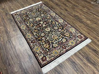 Sino Persian Silk Rug 3x5 Oriental Carpet 3 x 5 Fine Silk Rug, Black Ivory Gold, Animal Motifs, Flowers, High Quality, Vintage Silk Rug Wow