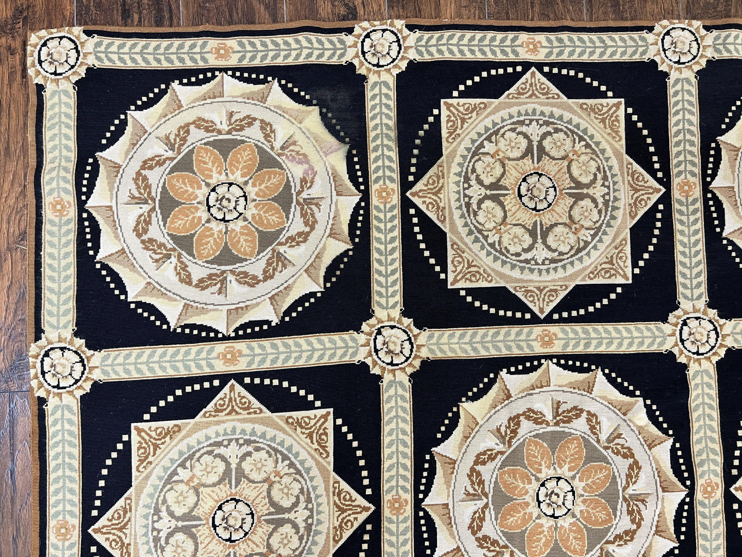 Needlepoint Rug 8x10 Handwoven Wool Panel Design Vintage French European