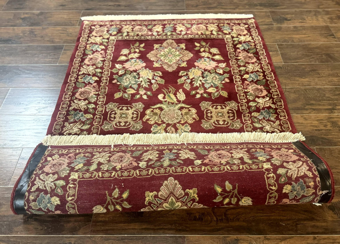 Indo Persian Kerman Rug 4x6 Vintage Hand Knotted Wool Floral Burgundy Elegant Home Decor