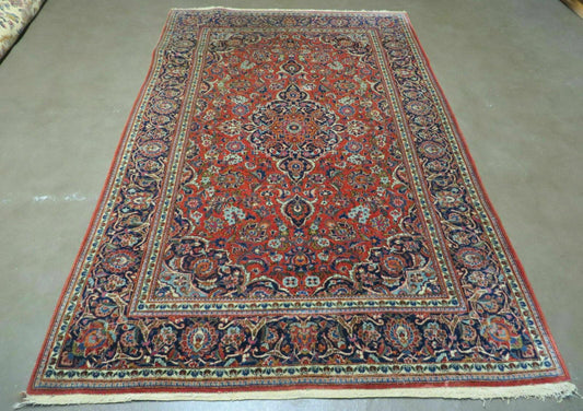 Persian Kashan Rug 4x7, Red and Navy Blue Semi Antique Vintage Wool Oriental Carpet, Hand Knotted Rug, Floral Medallion, High Quality Fine Carpet