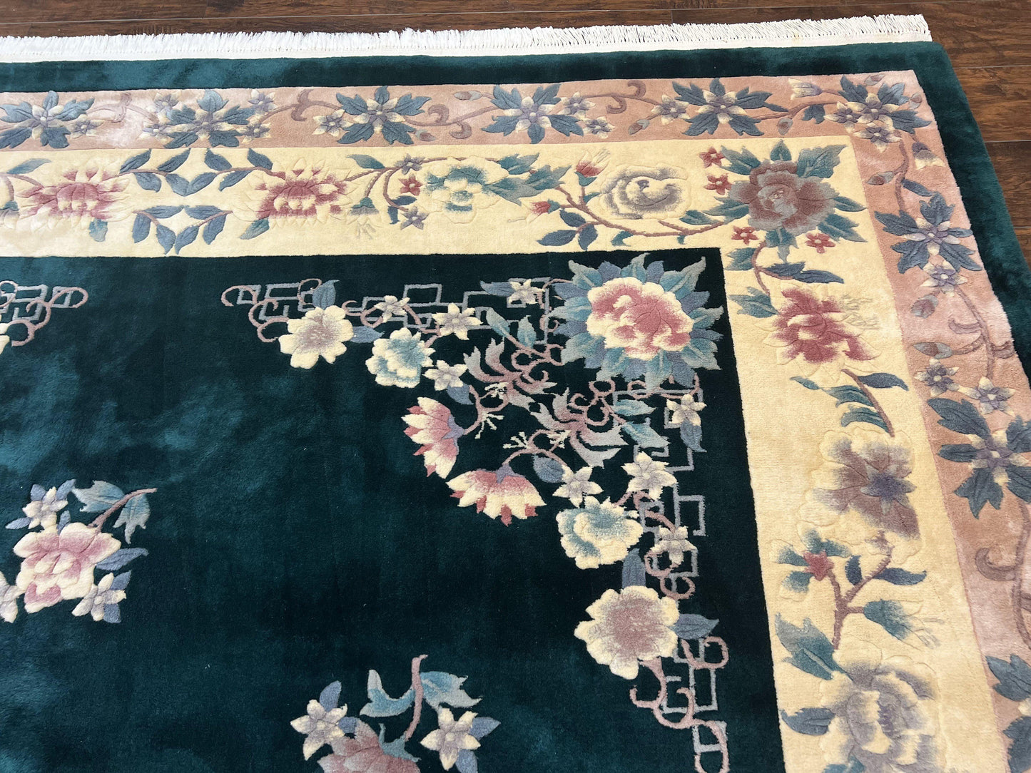 Chinese Art Deco Wool Hand Knotted Rug 9x12 Vintage Carpet Dark Green Cream