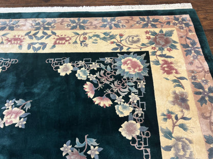 Chinese Art Deco Wool Hand Knotted Rug 9x12 Vintage Carpet Dark Green Cream