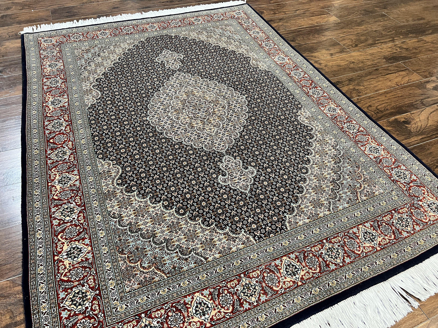 Persian Tabriz Rug 5x7, Wool with Silk Highlights, Hand Knotted Vintage Oriental Carpet, Very Fine, Herati Mahi Pattern, Black, Rare