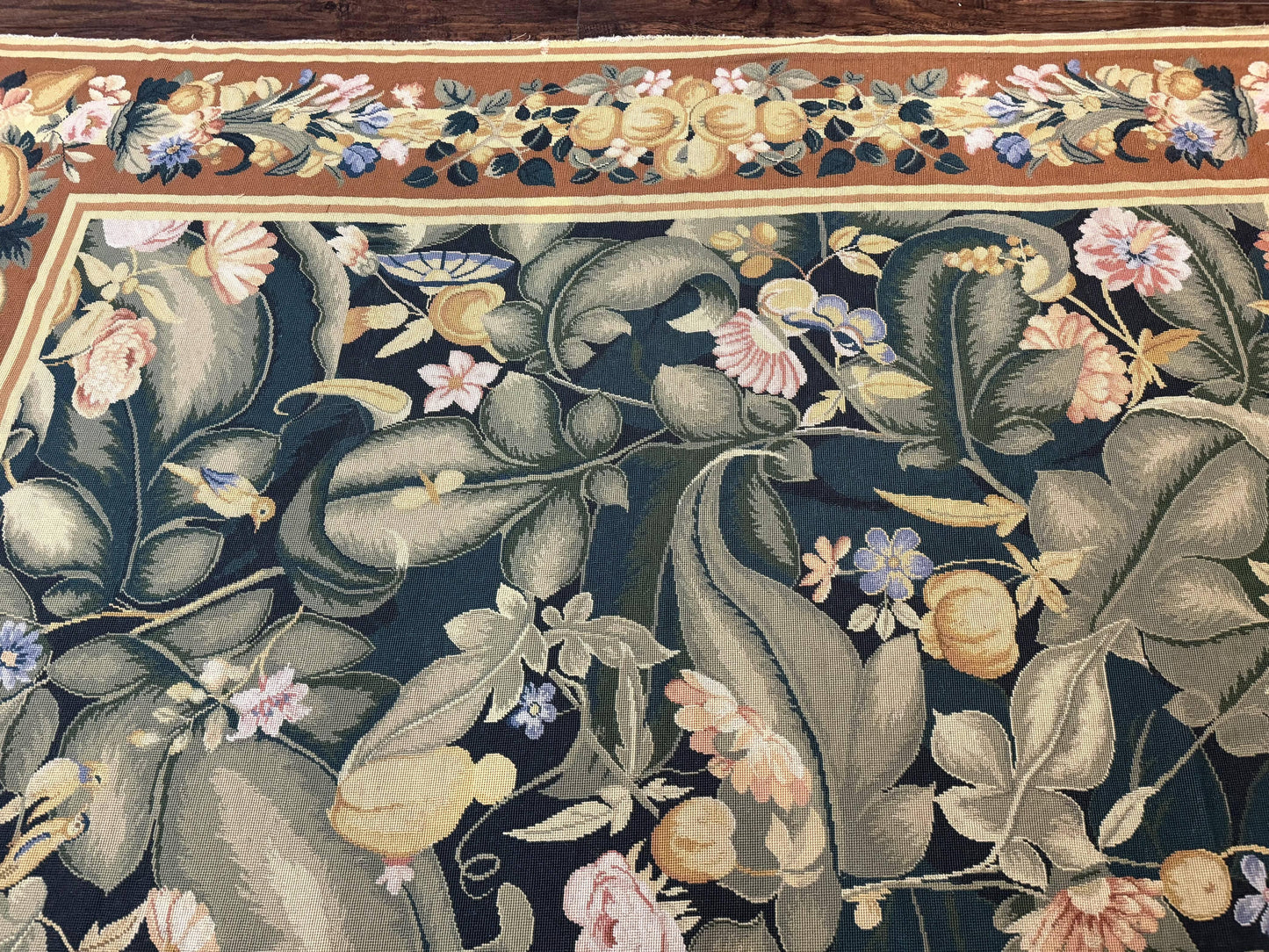 Needlepoint Rug 8x10, Vintage, Handmade, Wool, Green, Leaves & Fruits