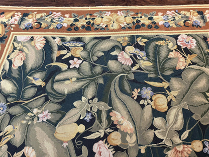 Needlepoint Rug 8x10, Vintage, Handmade, Wool, Green, Leaves & Fruits