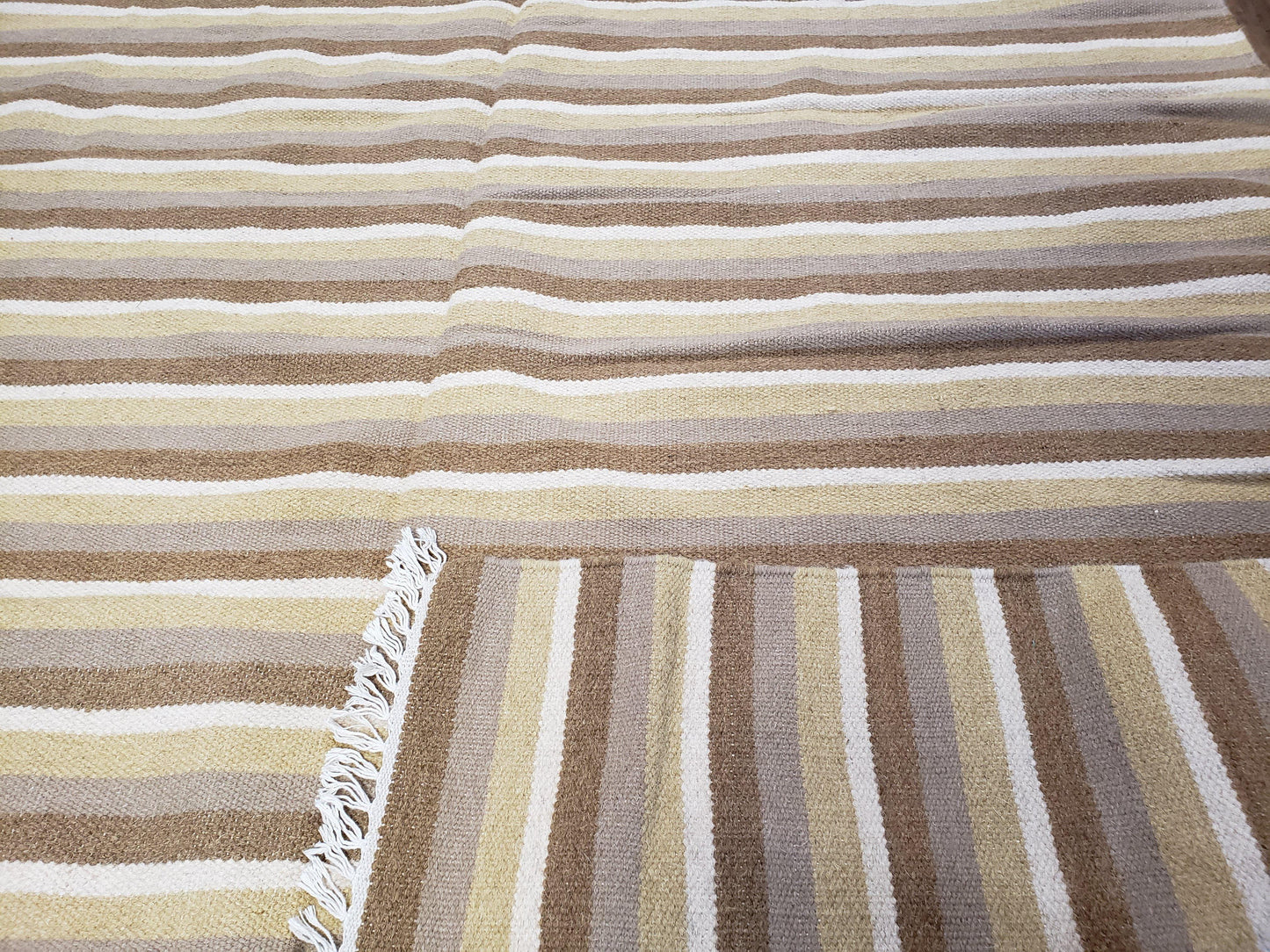 Indian Striped Blanket 6x9, Large Indo Kilim Area Rug, Earthern Tones Woolen Hand-Woven Flatweave South American Style Queen Size Bedspread