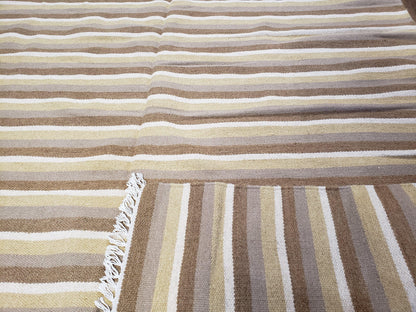 Indian Striped Blanket 6x9, Large Indo Kilim Area Rug, Earthern Tones Woolen Hand-Woven Flatweave South American Style Queen Size Bedspread