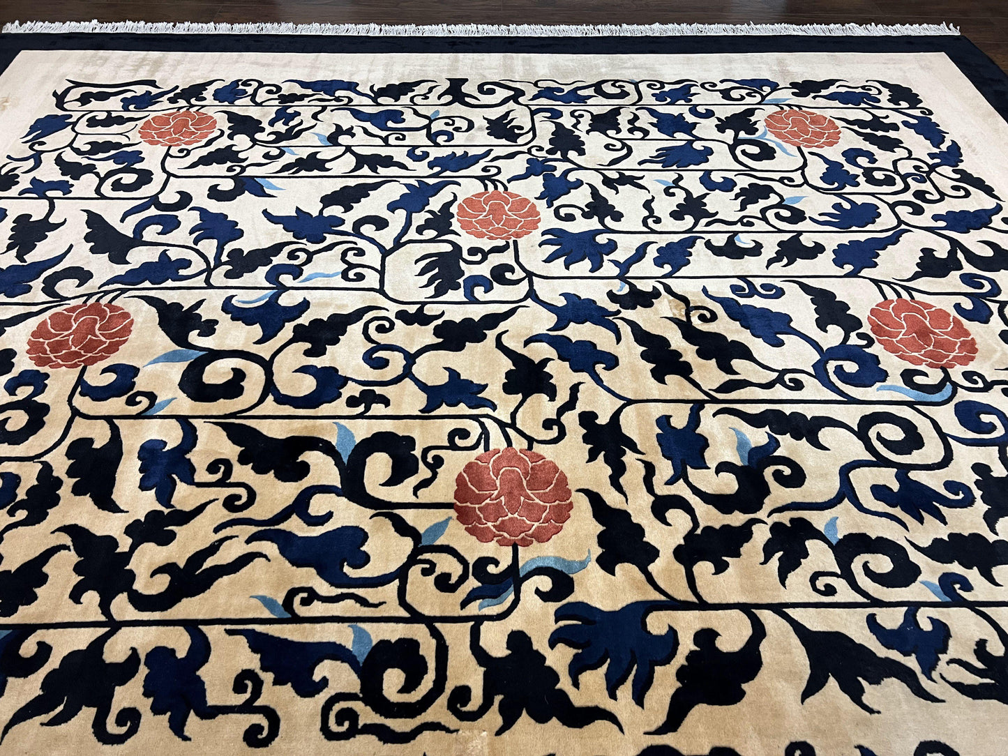 Antique Chinese Peking Rug 10x14, Beige Black, Handmade Wool Art Deco Carpet