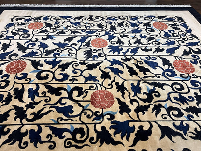 Antique Chinese Peking Rug 10x14, Beige Black, Handmade Wool Art Deco Carpet