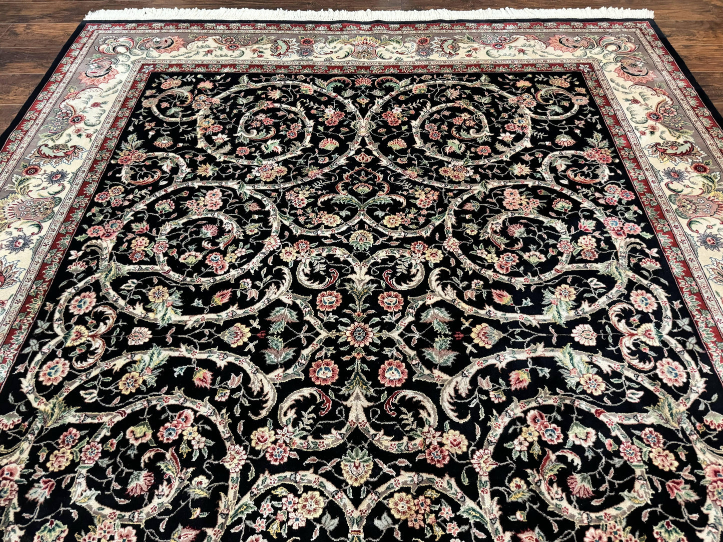 Black Pak Persian Rug 8x11 Hand Knotted Wool Silk Highlights Floral Vintage 200 KPSI