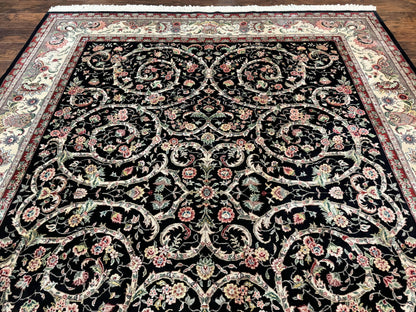 Black Pak Persian Rug 8x11 Hand Knotted Wool Silk Highlights Floral Vintage 200 KPSI