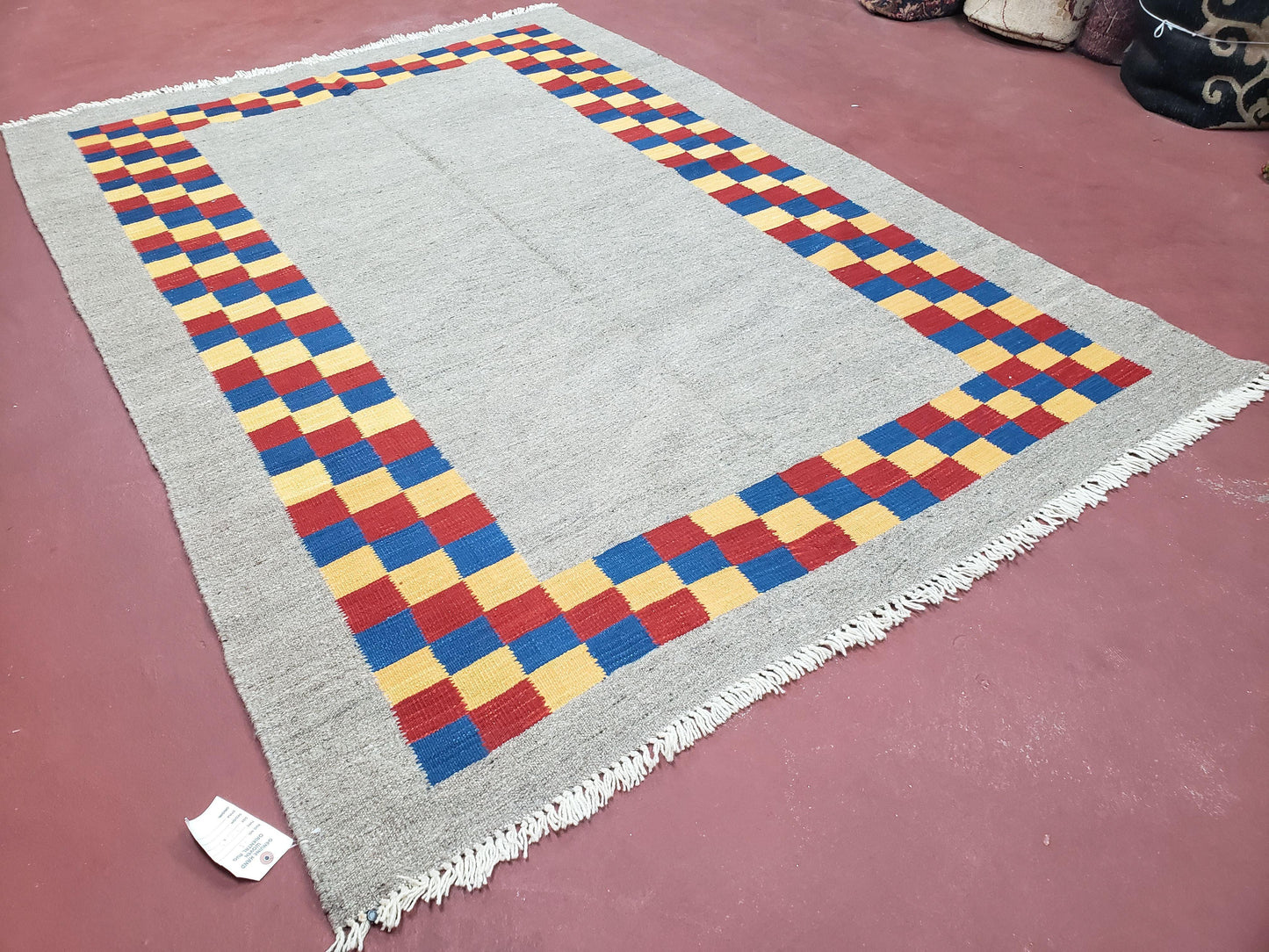Turkish Kilim Rug Hand Knotted Wool Area Rug 5 Ft 6 In By 8 Ft Gray With Colorful Checker Border